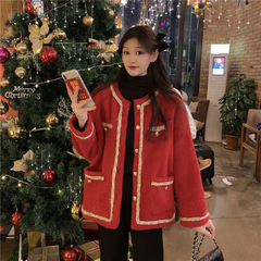 Real shot of festive red small fragrance ribbon fur integrated thickened Lamb Fur warm coat female fashion