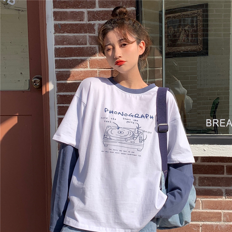 Real Korean version mid long style retro chic fake two women's t-shirts