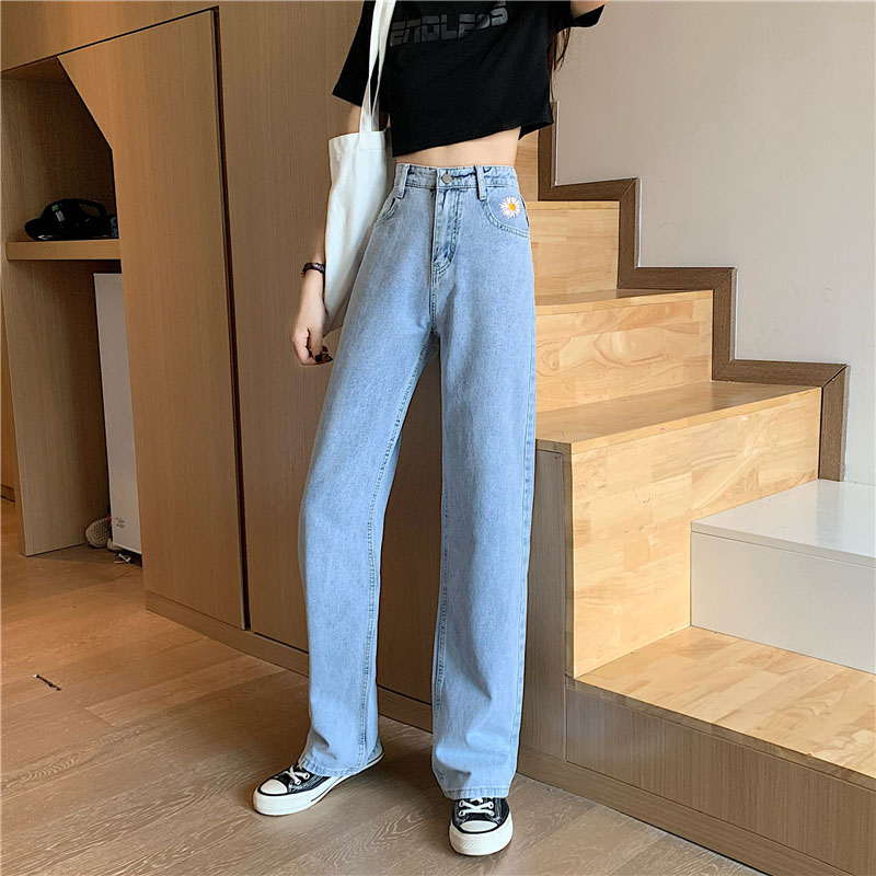 Real Korean loose temperament thin wide leg pants high waist retro embroidery jeans wide leg pants