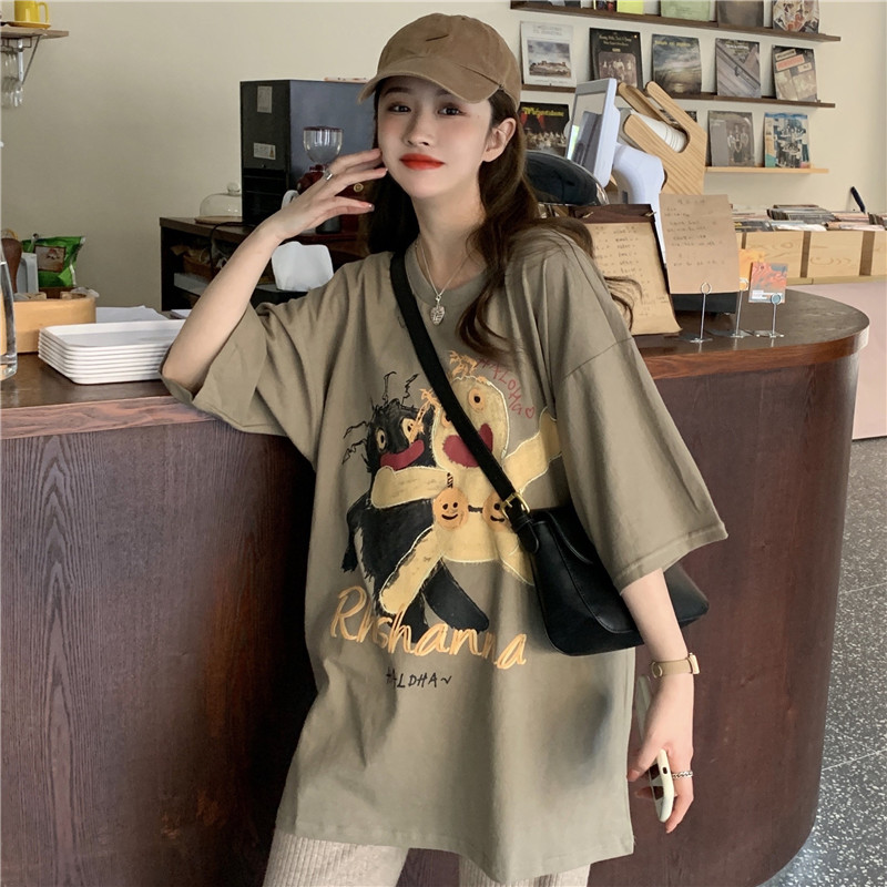 Real shot Korean medium long printed short sleeve T-shirt for women