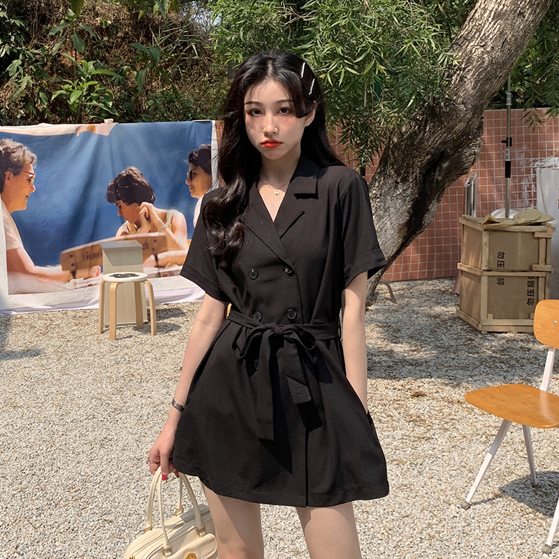 Real shot French Hepburn suit skirt air waist strap Short Sleeve Dress