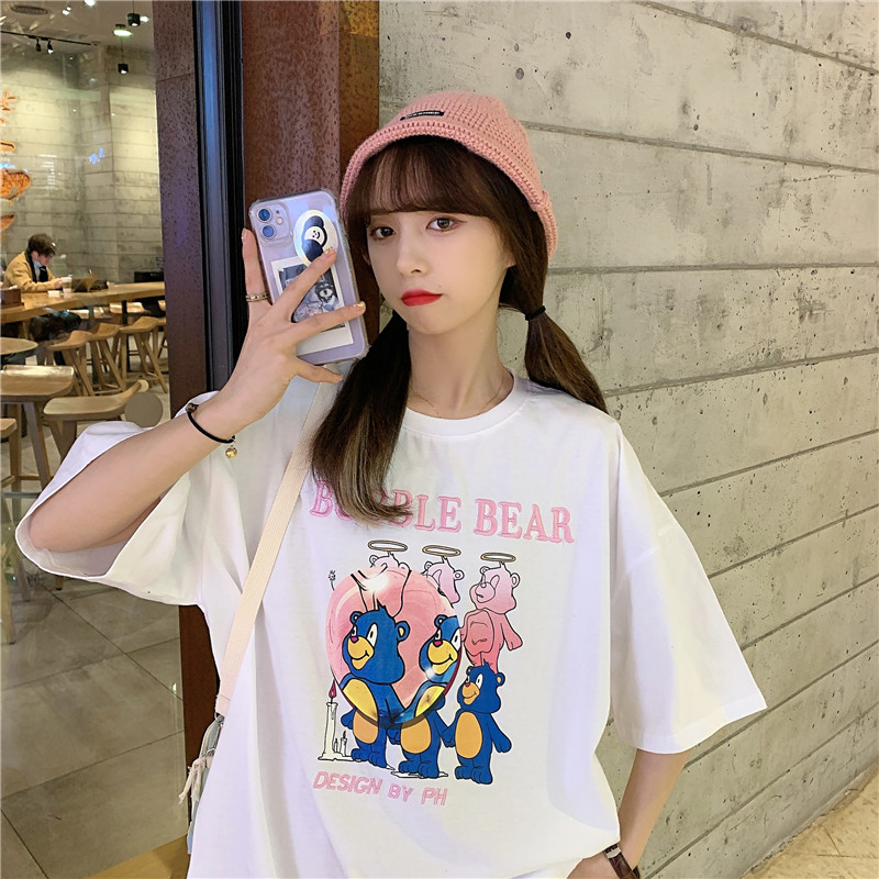 Embroidered letter cartoon printed short sleeve T-shirt