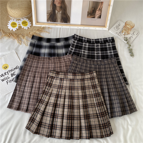 Korean style chic plaid high-waisted thickened nylon pleated skirt students' age-reducing slimming skirt for women