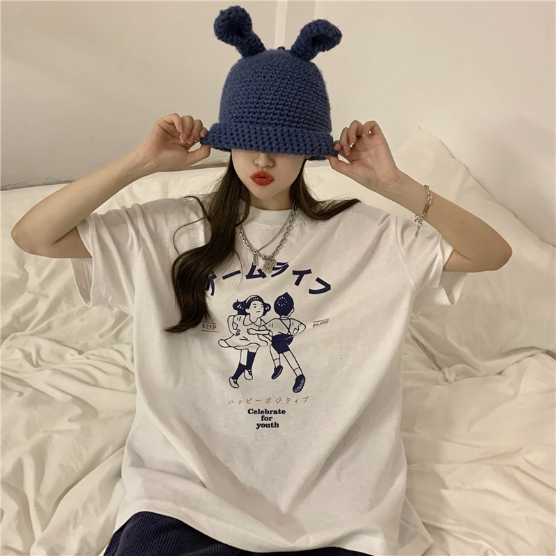 Real Korean version 2021 new alphabet cartoon printed medium and long T-shirt