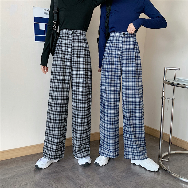 Korean version loose Plaid wide leg pants for women