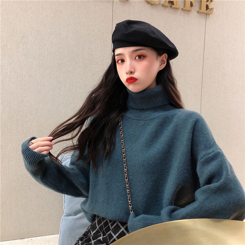 Korean version of thick rabbit hair loose chic lazy style long sleeve women's versatile high collar fashion sweater