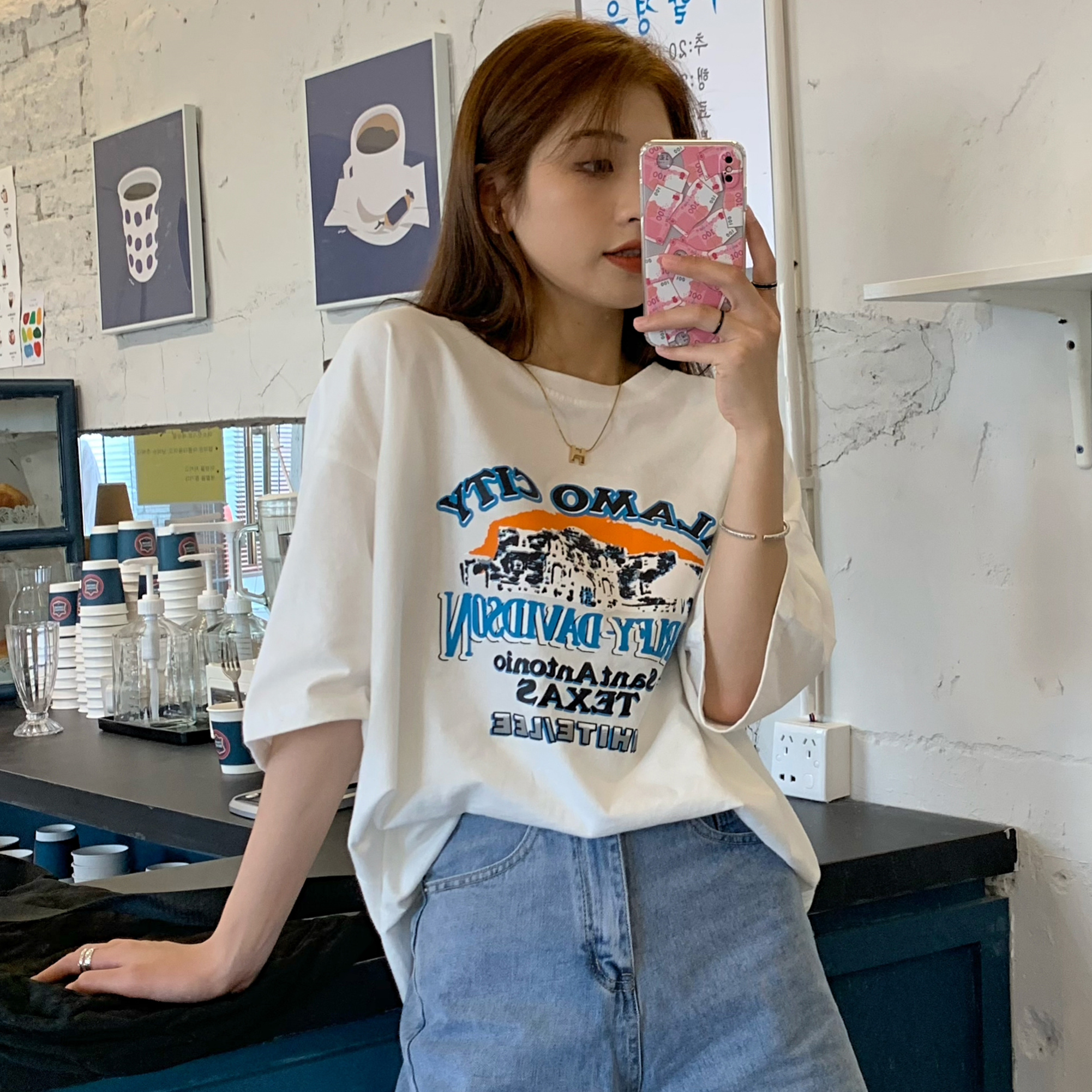 實拍韓版2021夏季新款寬鬆白色印花短袖T恤女ins