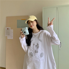 Real Korean stereo bear drill medium length versatile loose long sleeve top
