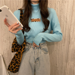 Real shot autumn and winter personalized label T-shirt high collar fashion foreign style slim long sleeve warm bottom coat