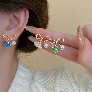 银针珍珠蝴蝶结滴油银杏叶耳环个性创意设计感耳钉时尚高级感耳饰