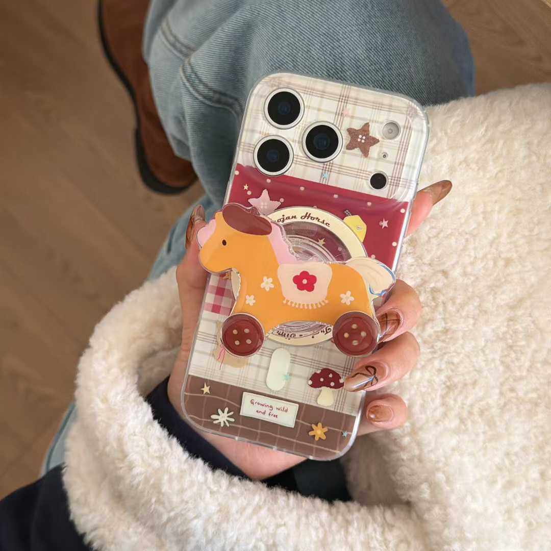 撞色拼接格纹小马适用iPhone17ProMax苹果16手机壳磁吸包拍照键15