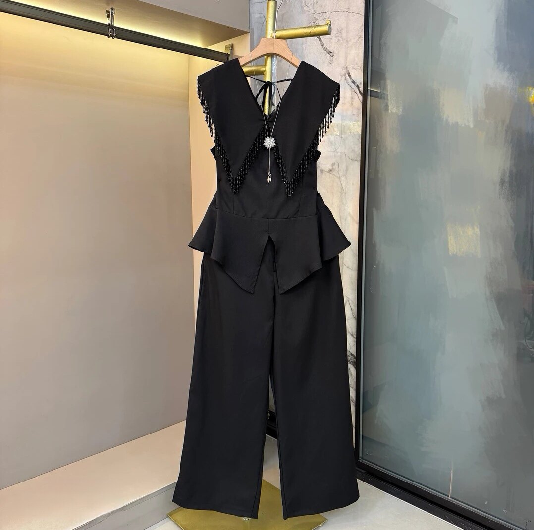胖mm时尚套装女2025夏季法式洋气显瘦流苏荷叶边上衣阔腿裤两件套