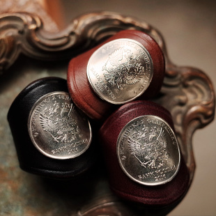 时尚 植鞣革皮霍尔文皮银币方巾扣 潮丝巾扣 复古牛仔嘻哈 西部美式