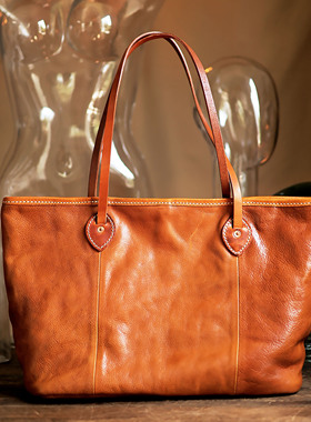 意大利进口植鞣柔软头层牛皮简约复古文艺大容量手提单肩托特包女