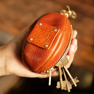 意大利头层牛皮手工钥匙包复古橄榄球包真牛皮耳机包零钱袋文玩包