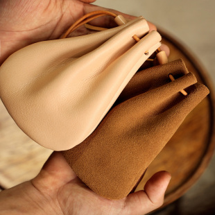 迷你植鞣革手工零钱包 头层牛皮文玩束口零钱袋首饰袋 牛皮硬币包