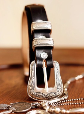 美国horween霍尔文牛皮腰带 西部牛仔唐草雕刻花纹美式复古皮带