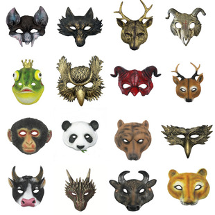 PU立体动物面具表演道具牛头羊头熊猫狮子狐狸熊老鹰兔子龙头鸟猴