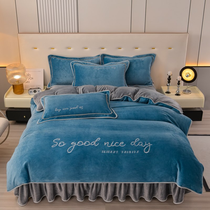 MEHOM牛奶绒绣花床上四件套保暖被套床单纯色冬季加厚床上用品