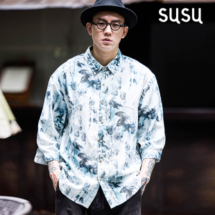 日系印花亚麻衬衫男七分袖痞帅夏威夷海边休闲大码上衣宽松夏季