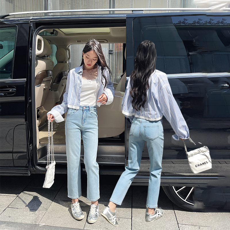 显腿直粉标蓝色高腰烟管牛仔裤女