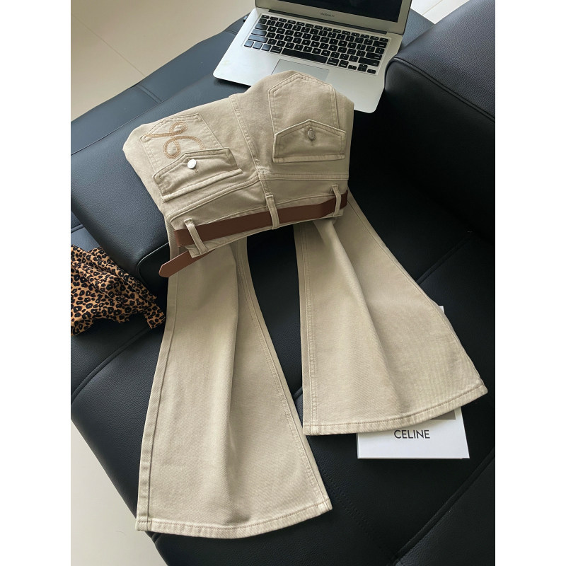 卡其色四面弹翻盖后袋刺绣直筒微喇牛仔裤女高腰弹力不贴腿长裤子