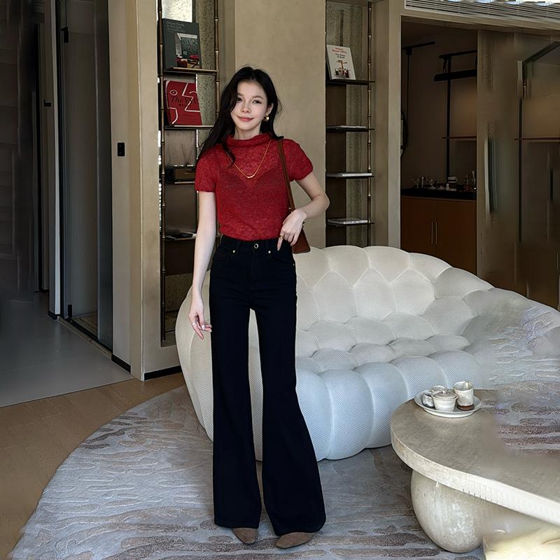 专治梨形粗腿黑色阔腿微喇牛仔裤