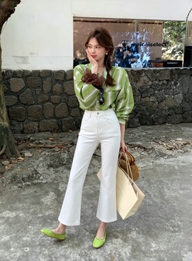 四面弹白色微喇牛仔裤女九分春夏薄款修身显瘦小个子高腰喇叭长裤