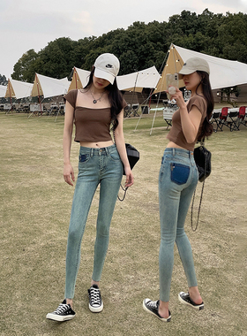 怀旧浅蓝色后袋撞色磨破小脚高腰牛仔裤女弹力紧身显瘦毛边铅笔裤