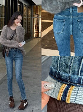 秒变漫画腿深蓝色四面弹薄绒小脚牛仔裤女2025紧身显瘦高腰铅笔裤