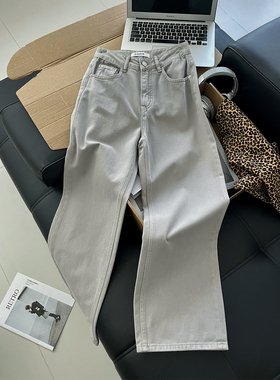 清冷大女主B备~浅灰色窄版阔腿牛仔裤女2025小个子高腰直筒长裤