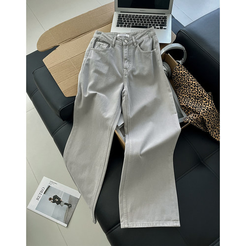 显腿直浅灰色窄版阔腿牛仔裤女