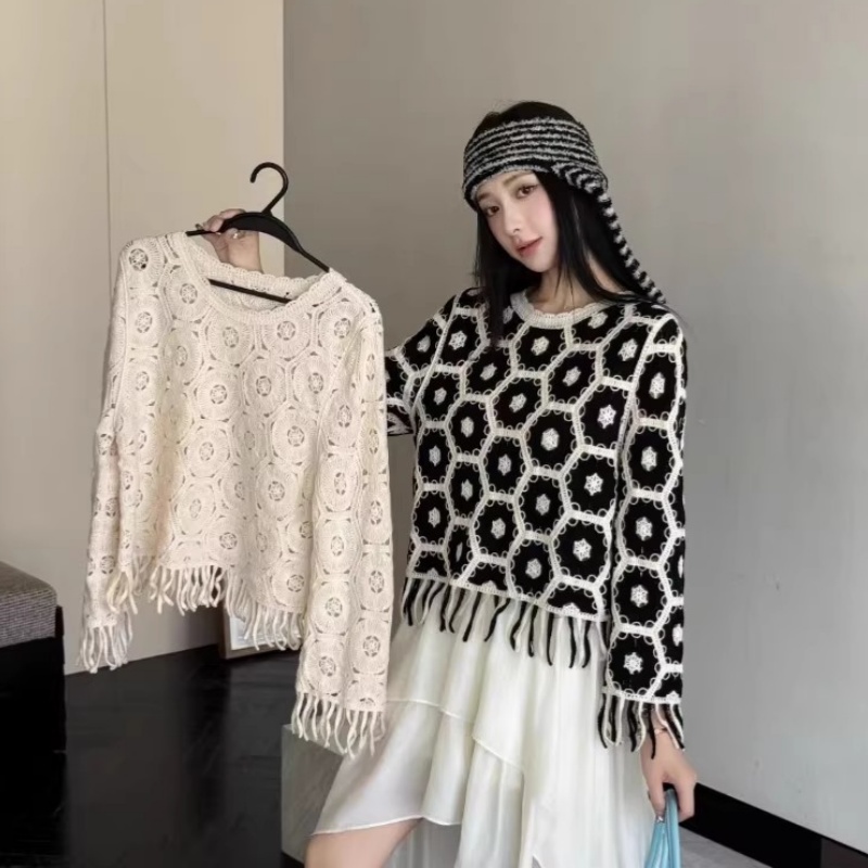 韩系松弛感镂空钩花流苏针织罩衫