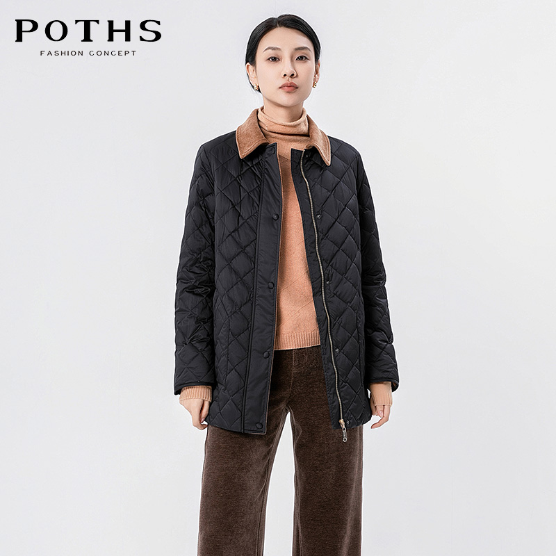 撞色羽绒服女POTHS/铂玺通勤翻领