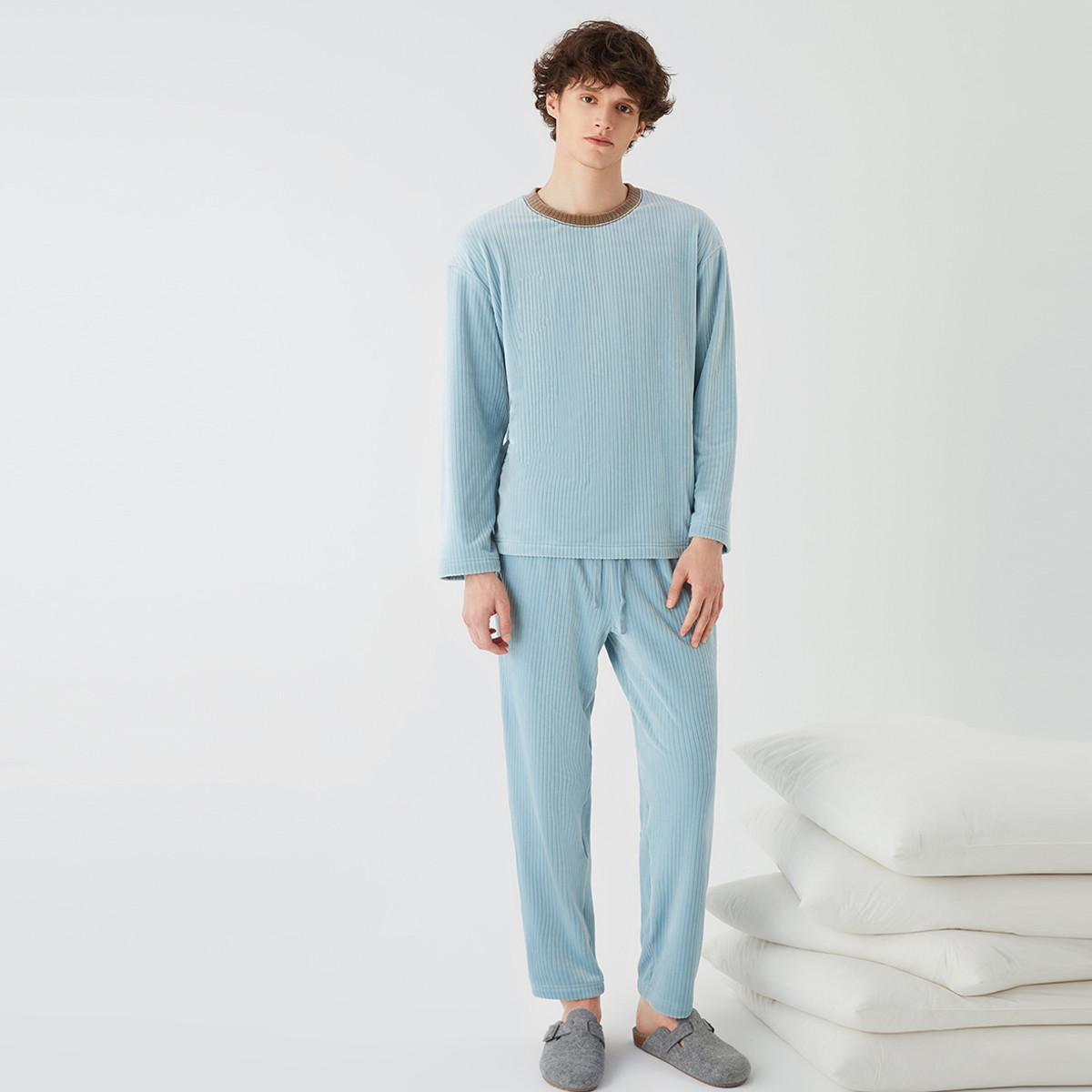 淳度男士睡衣秋冬加厚加绒圆领珊瑚绒休闲家居服高级感套装