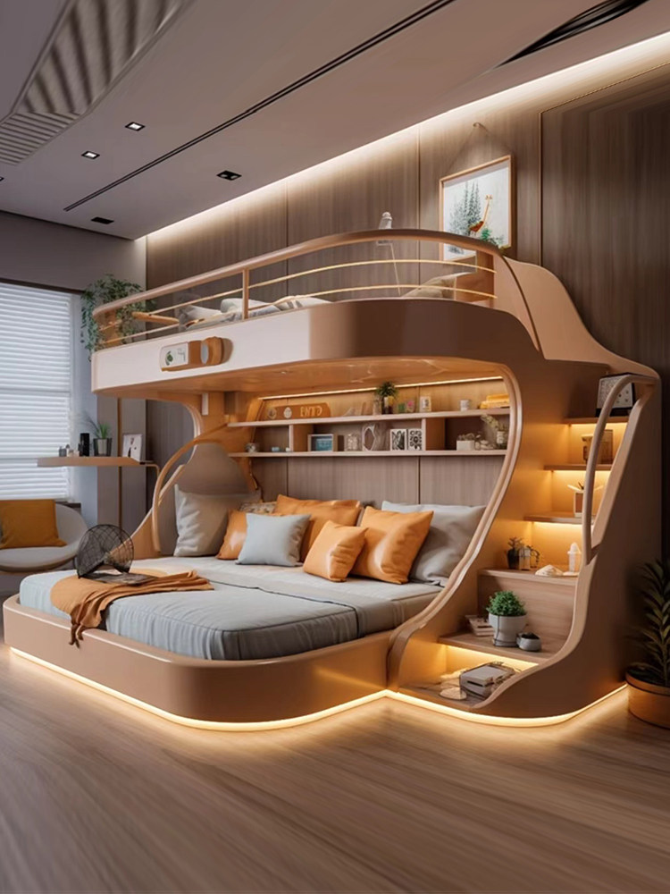 Internet-Famous Custom Solid Wood Bunk Bed with LED Glow - Main product image from Taobao