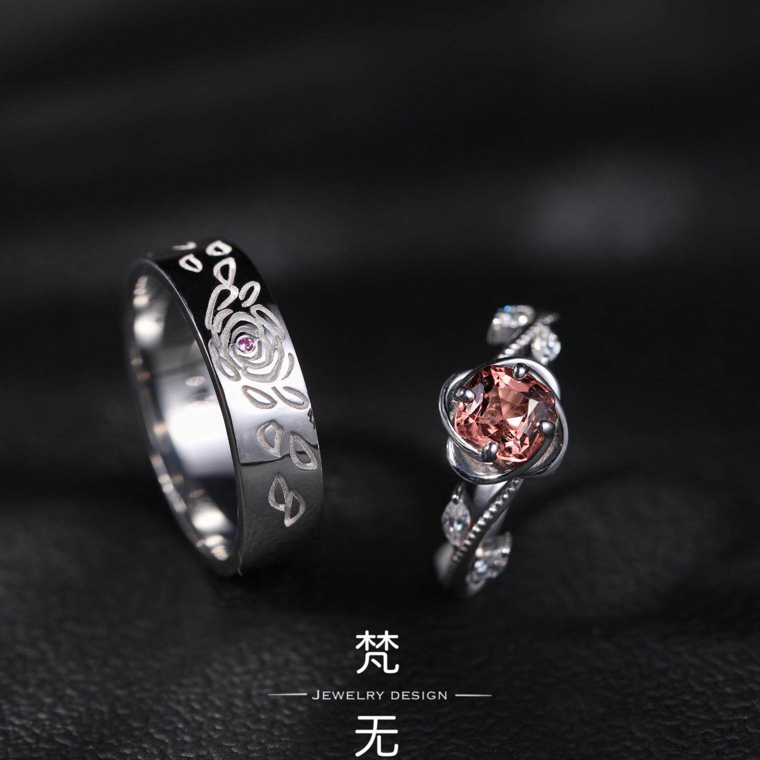 梵无珠宝玫瑰花情侣对戒 彩色宝石婚戒定制 小众设计感 包邮