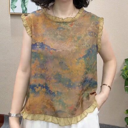 时尚宽松显瘦百搭女士无袖套头上衣夏季新款国风木耳边飞飞袖小衫