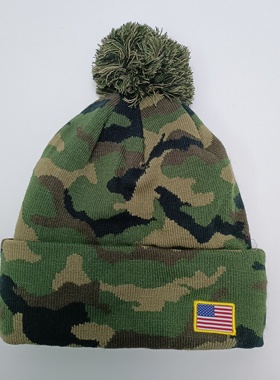 头围56-58cm外贸军绿迷彩毛球刺绣徽章针织毛线帽子满20元包邮