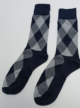 39-43码男士薄棉藏蓝色菱形格商务中筒袜满20元包邮不支持7天退货