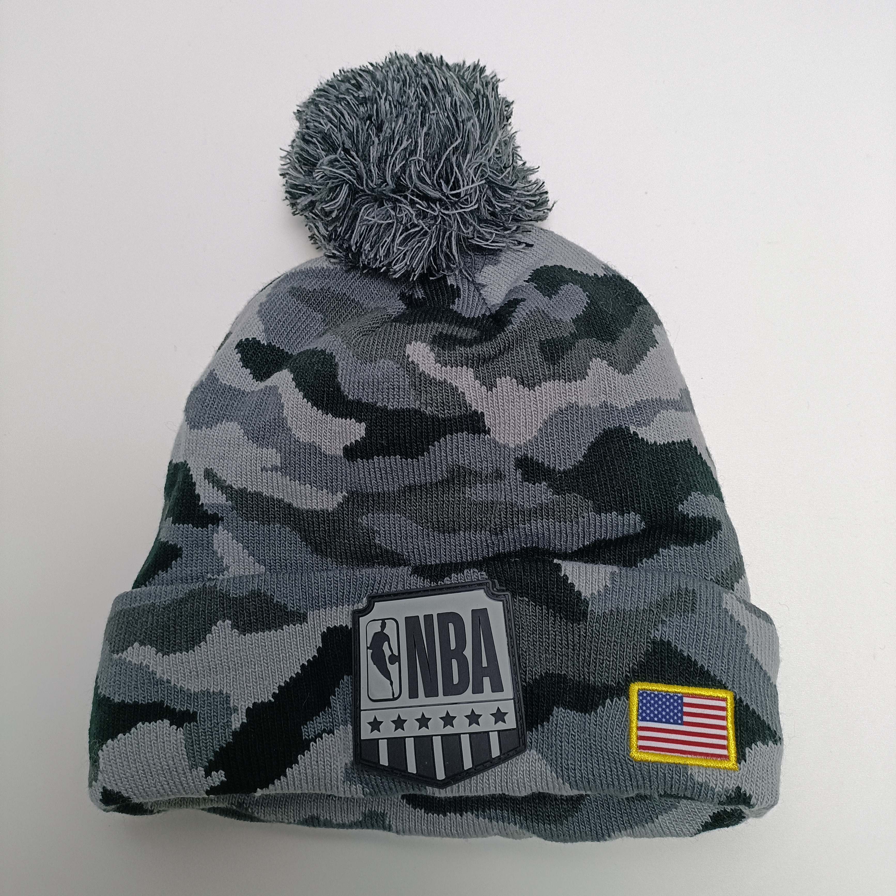 头围56-58cm外贸灰色迷彩毛球硅胶徽章针织毛线帽子满20元包邮