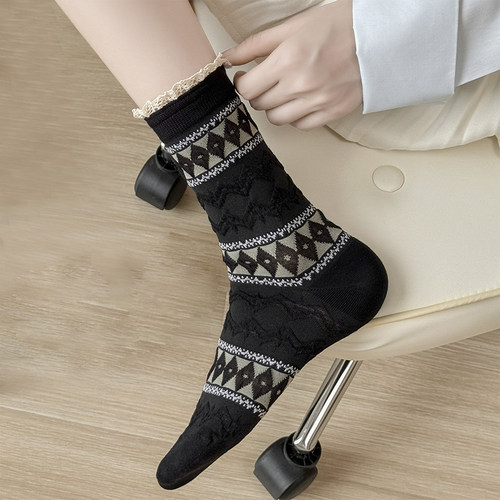 复古民族风菱形条纹撞色花边袜子女复古文艺长袜子堆堆袜配小皮鞋