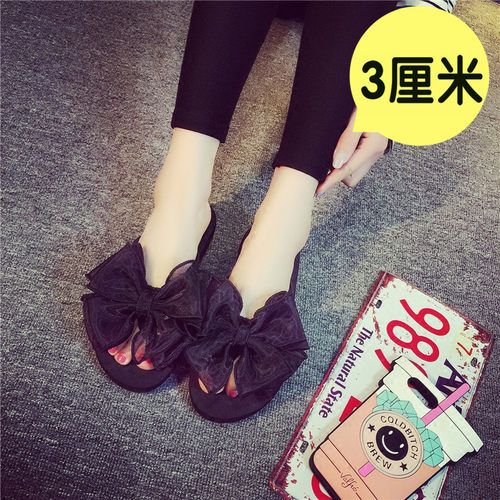 黑色韩版花朵拖鞋女夏凉拖松糕沙滩平跟防滑平底蝴蝶结人字0504d