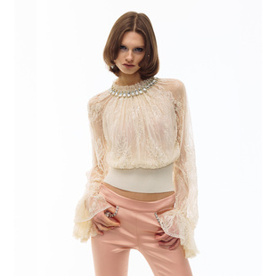 JELLOJELLO26早春新年华丽钻饰针织拼接手工钉珠蕾丝短款上衣