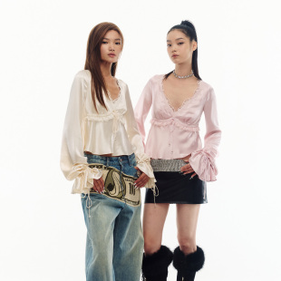 JELLOJELLO25冬醋酸蕾丝拼接花边装 口上衣 饰抽绳袖