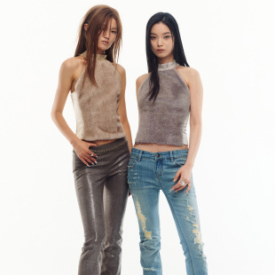 JELLOJELLO25冬满钻choker领毛毛拼接醋酸挂脖上衣