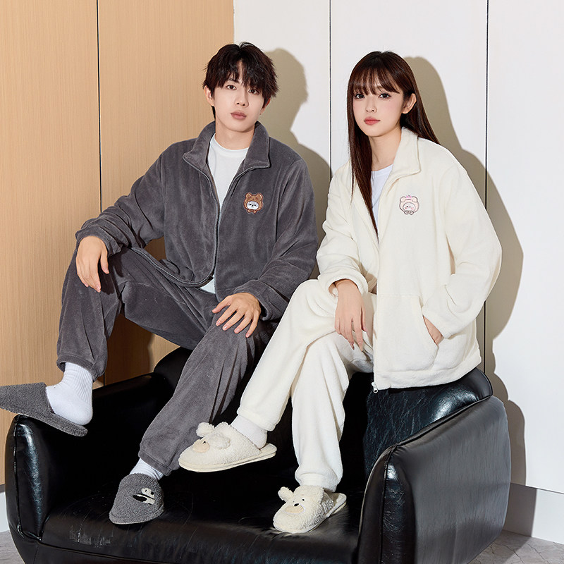 唐狮情侣珊瑚绒睡衣女2025秋冬新款加绒加厚可外穿家居服男士套装