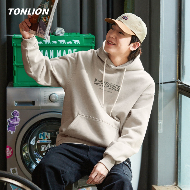 唐狮男士加绒卫衣2025冬季新款印花宽松青少年今年流行爆款连帽衫