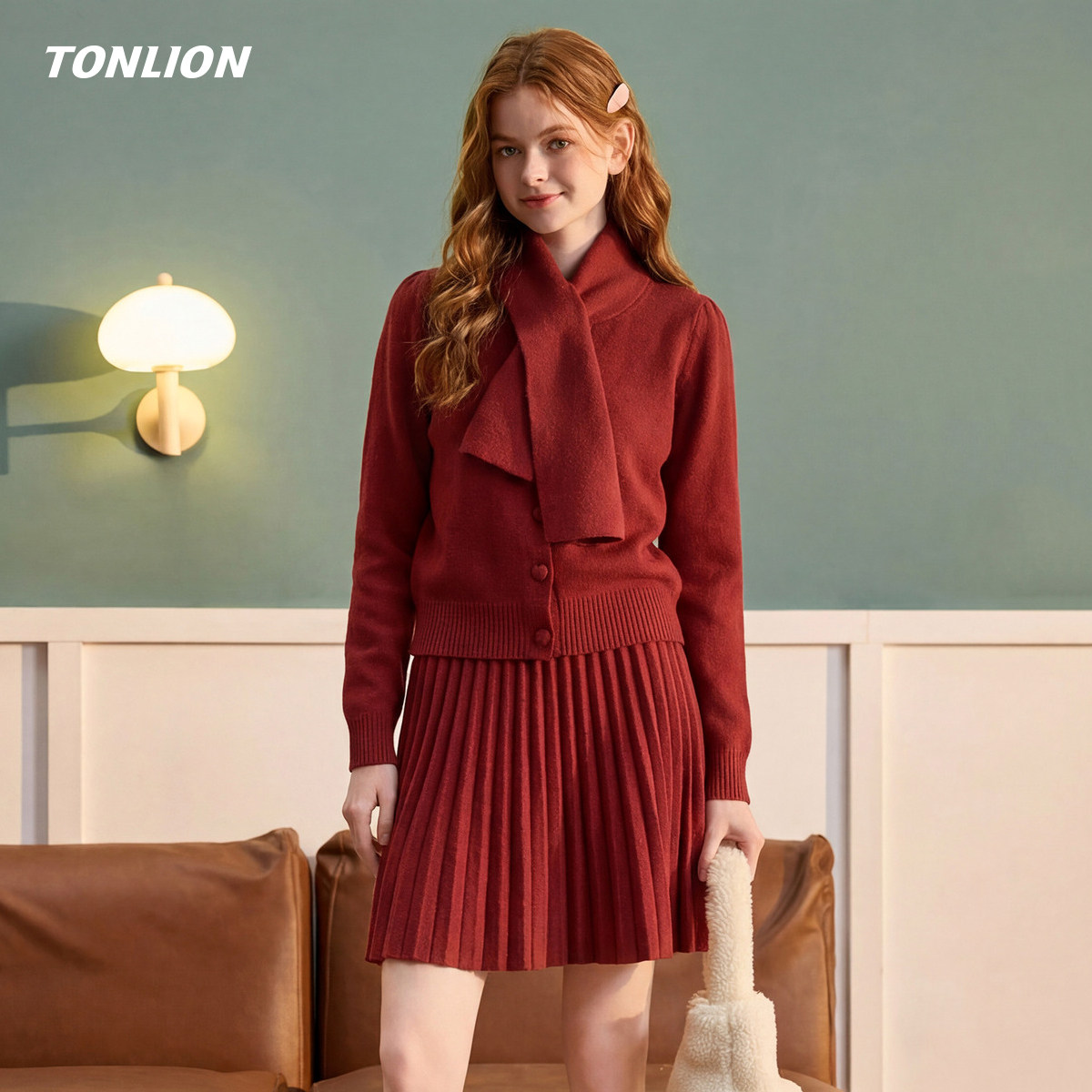 唐狮红色毛衣套装女2026春季新款针织开衫百褶半身裙高级感两件套