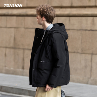 唐狮黑色短款羽绒服男款2025冬季新款宽松连帽高级感加厚保暖外套